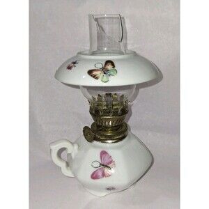 VTG Miniature Finger Oil Lantern with Shade Butterflies & Bugs Broken Chimney